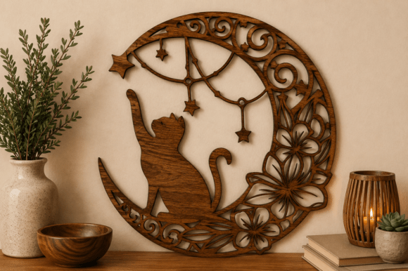 Download Moon Cat Wall Art SVG Laser Cut File - Premium Bundle